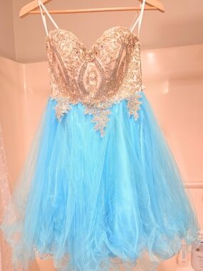 Sparkly Blue & Gold Corset Prom Dress | Rhinestone Pageant Gown XS